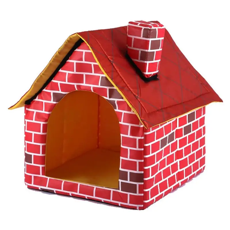 

Warm Indoor Soft Dog Kennel with Chimney Pet Large House Simulation Brick Doggy Beds with Mat Indoor Polyester Nest Tent
