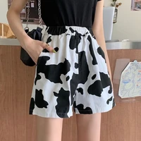 2021 summer cow print shorts women high waist shorts harajuku wide leg elastic girls casual solid t shirts and shorts set suit
