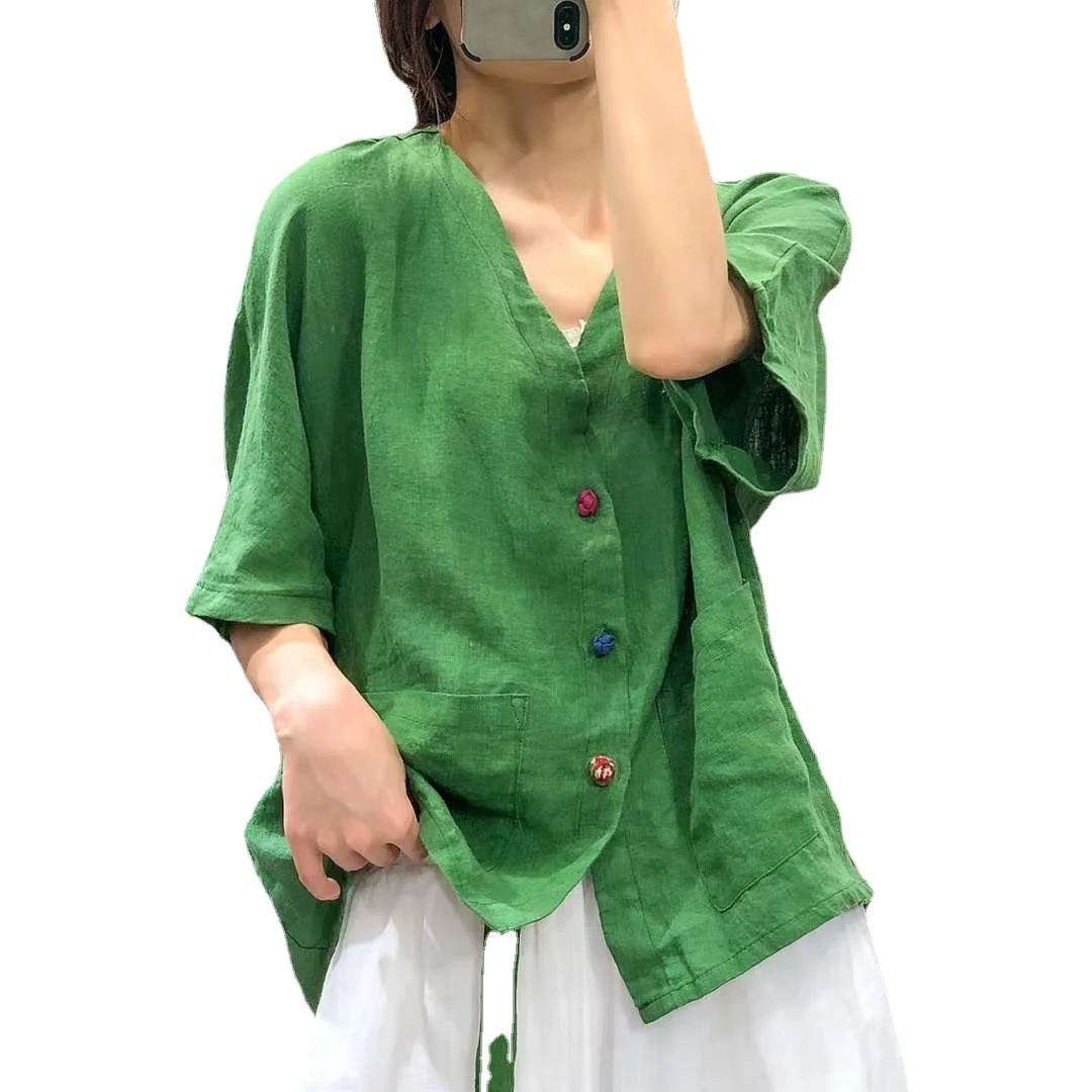 

Linen short sleeve V-neck shirt women's simple summer 2021 RETRO art color button Chinese style loose linen top