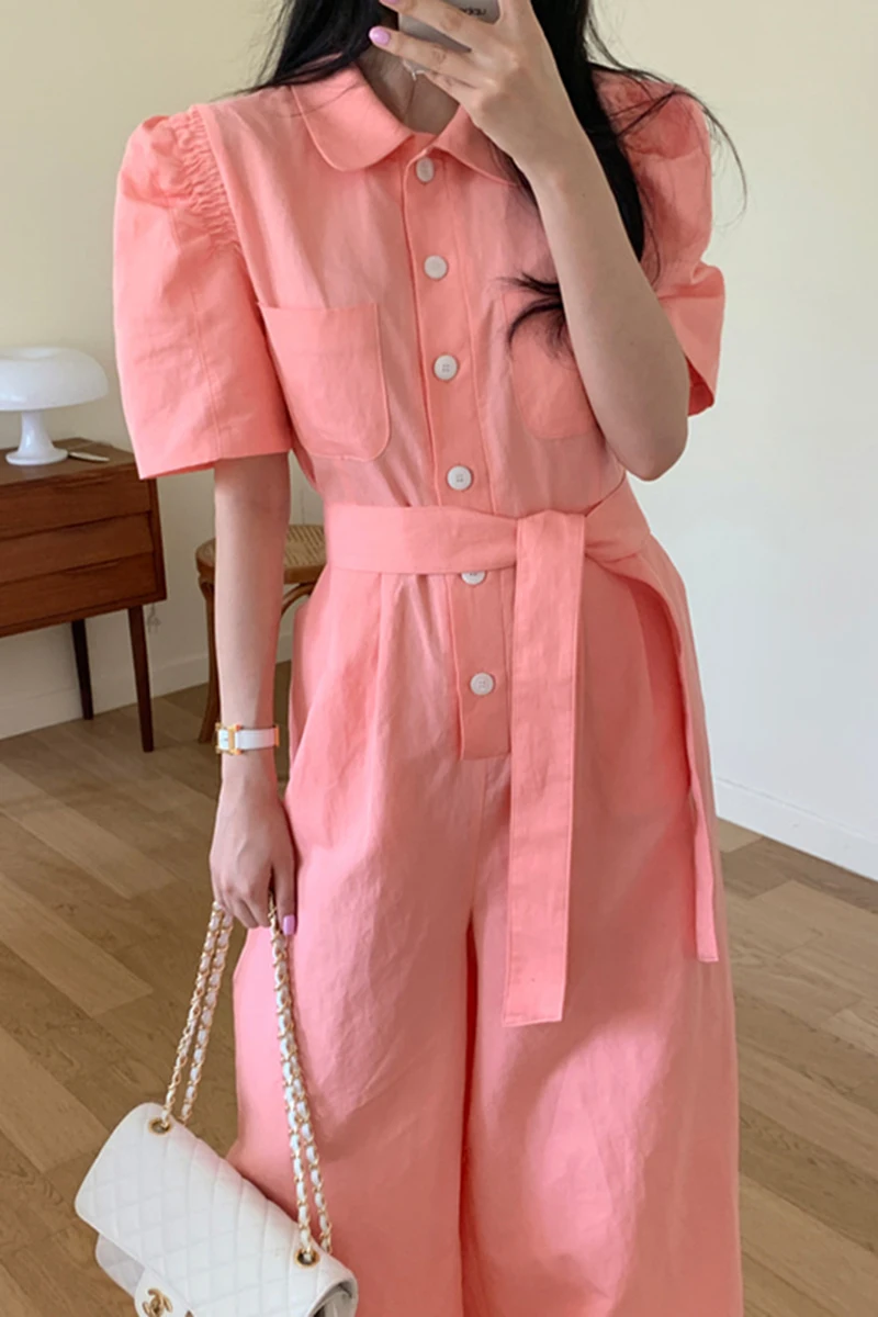

Summer 2021 Korea Chic Casual Fashion Lapel Lace-up Puff sleeve Single-breasted Pockets Loose All Match Wide-leg Jumpsuit Women