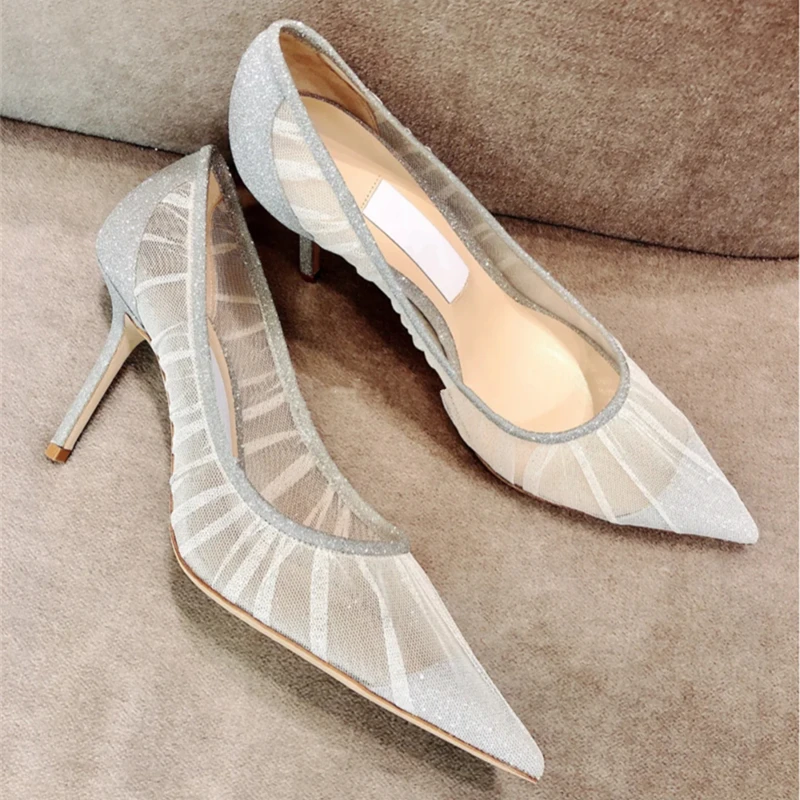 Металлические сетчатые женские туфли лодочки для женщин Блестящие свадебные на