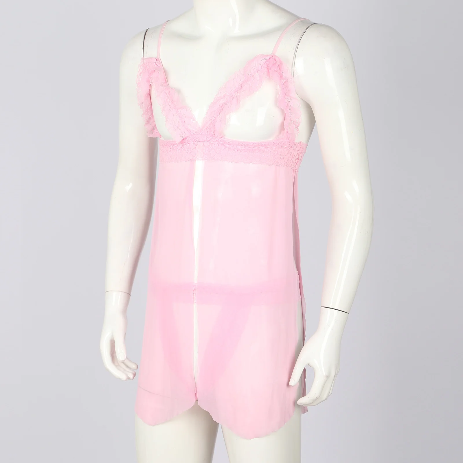 Мужская кружевная ночная сорочка из двух предметов с разрезом спереди и