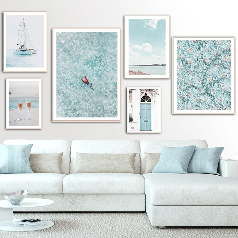 

Blue Flower Door Ocean Coconut Champagne Wall Art Canvas Painting Nordic Posters And Prints Wall Pictures For Living Room Decor