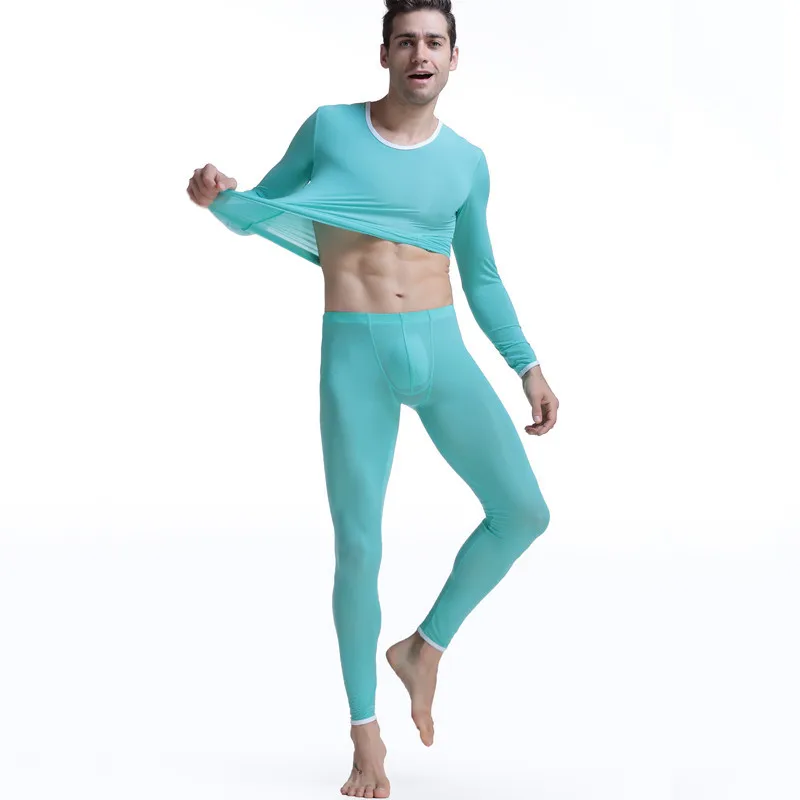 Men's Thermal Underwear Suit Sexy Ultra-thin Silk Translucent Long Johns Brand Thermo Underwear Lounge Man Slim Top Leggings Set