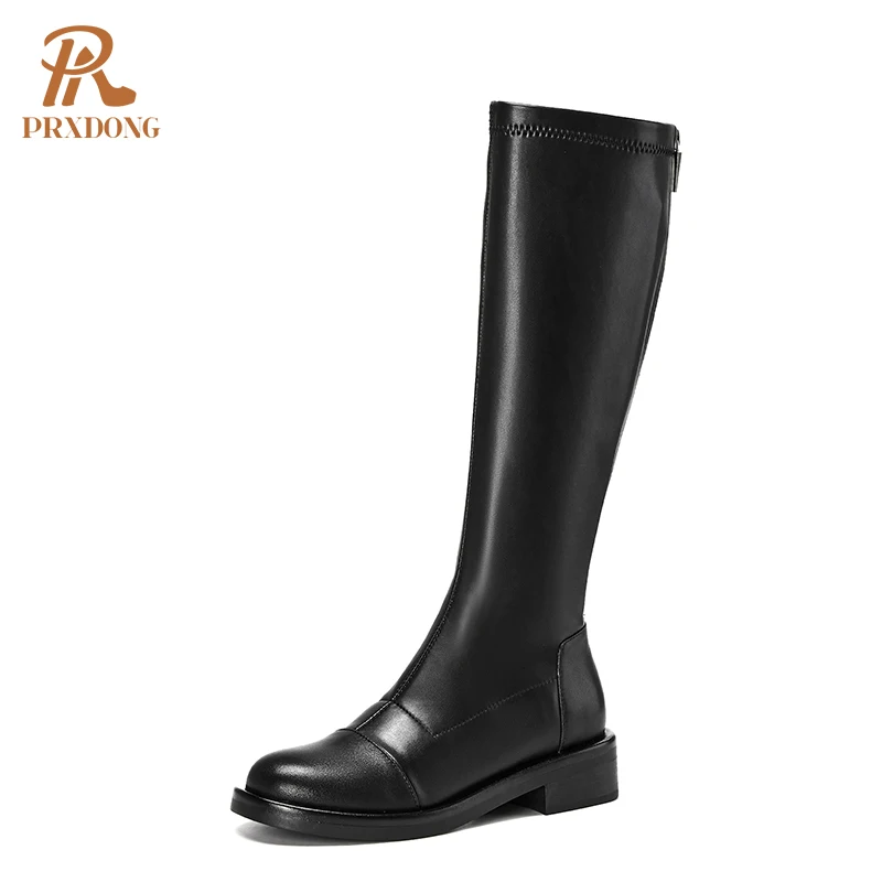 

Winter Stretch Boots Women Knee High Boots Zipper Chunky Heels Platform Female Shoes Round Toe Black White Green Autumn 2021 New