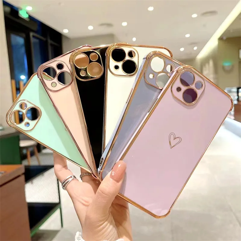 Candy Color Love Heart Phone Case For iPhone 11 13 12 Pro Max X XR XS Mini 7 8 Plus SE 2020 Electroplated Lens Protection Cover