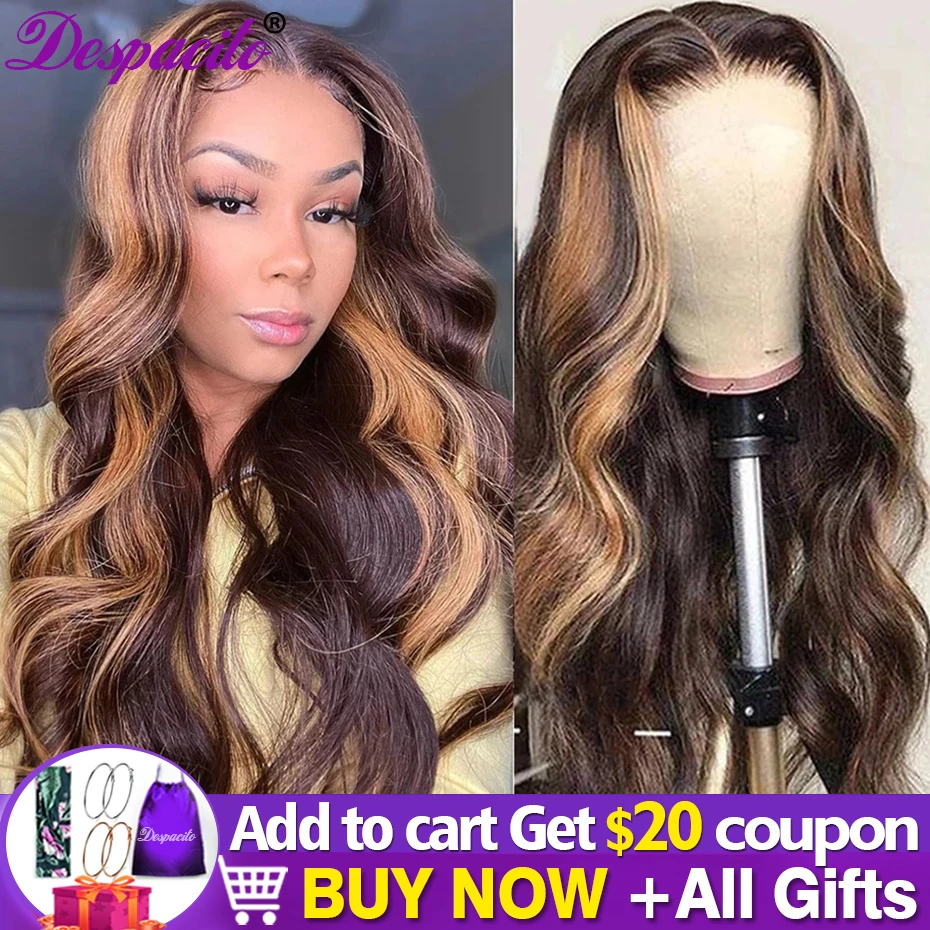 Brown Blonde Highlight Lace Wigs T Part Body Wave Human Hair Ombre Highlight Transparent Lace Part Wig Pre Plucked Despacito