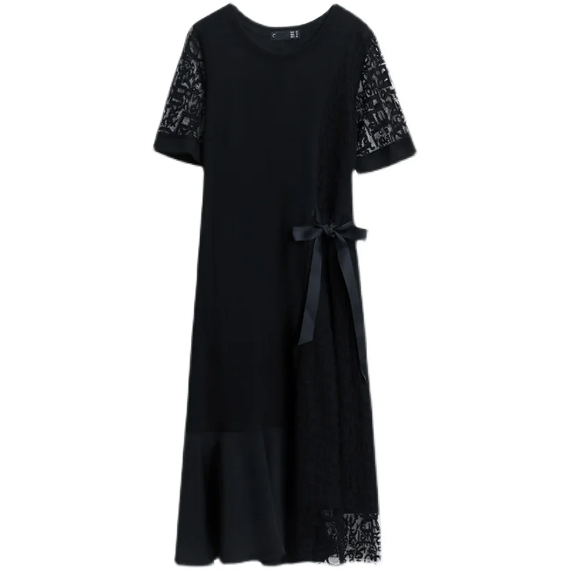 

Fashion Solid Lace Patchwork Summer Dress For Women O-Neck Hook Flower Hollow Bowknot Sashes A-Line Elegant Midi Black Dresses