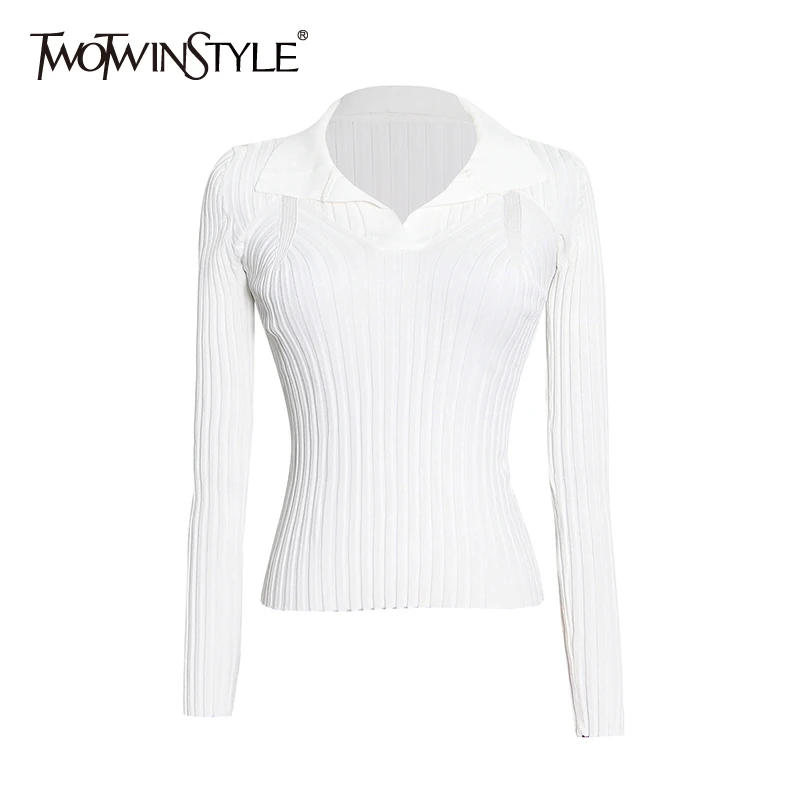 

TWOTWINSTYLE однотонная трикотажная футболка для женщин Fmeale с v-образным вырезом и длинным рукавом, с высокой талией, Повседневная футболка для по...