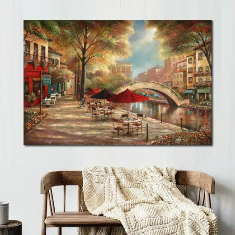 Wall Art Venice Landscape Artwork Oil Canvas Painting Riverwalk Cafe Ruane Manning Hand Painted Beautiful Coastal Architecture | Дом и сад