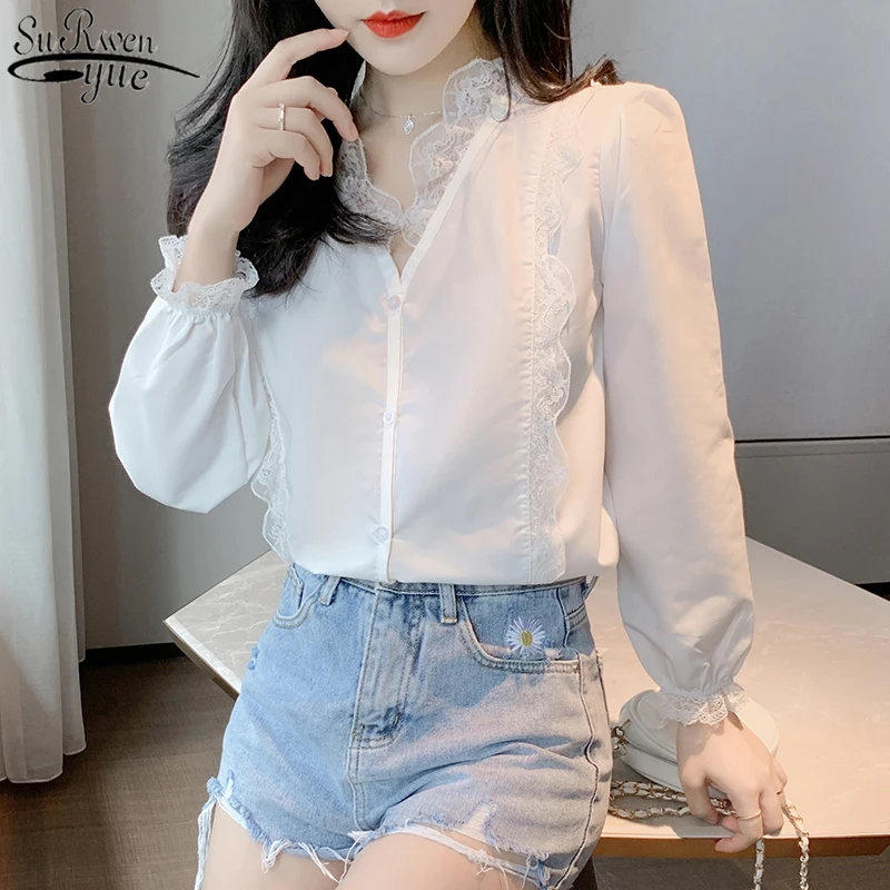 

2021 Lace Shirt Women Autumn New White Lace V-neck Woman's Blouses Long Sleeve Single-Breasted Fashion Top Feminine blusas 10845