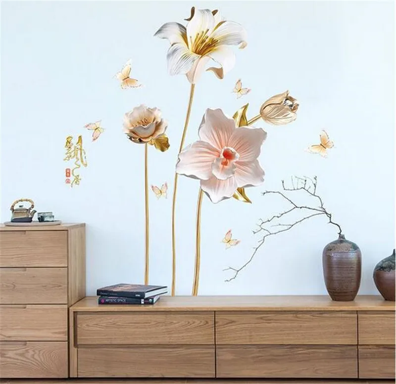 3D яркие тисненые орхидеи цветы настенные наклейки для гостиной домашний декор