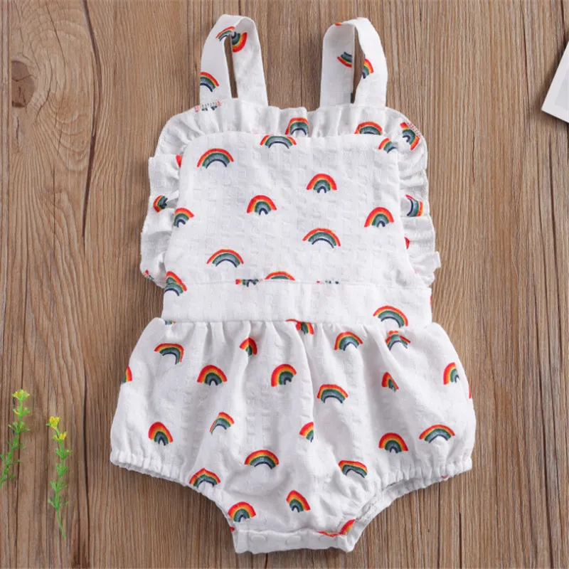 

Baby Girl\u2019s Rainbow Printed One-piece Romper, Sleeveless Ruffled Neck Suspender Triangle Bodysuit for Summer