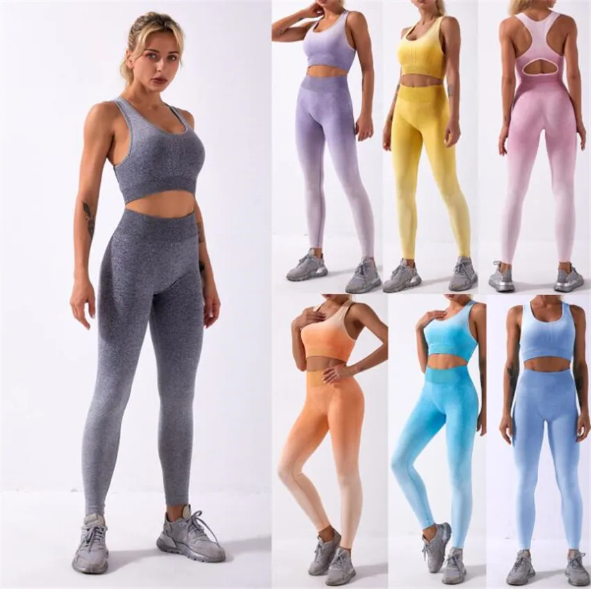 

2021 Squat Proof Yoga Set Women Ombre Two Piece High Waist Pants Exercise Bra Gradient Sport Suit Fitness Workout Gym Sportwear