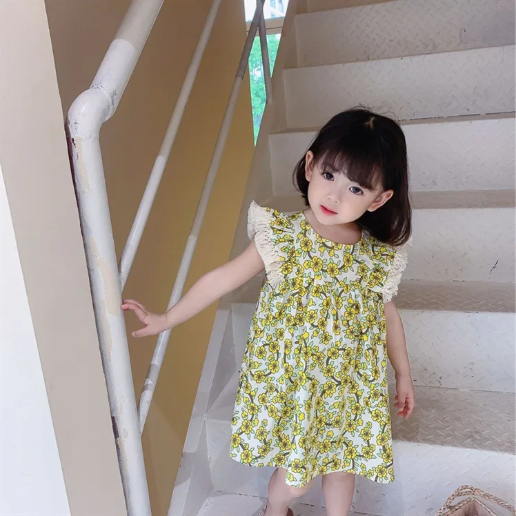 

2021 летнее платье для детей, повседневная одежда для девочек с круглым вырезом, украшенное оборками, мини-платье с принтом, трапециевидные пл...