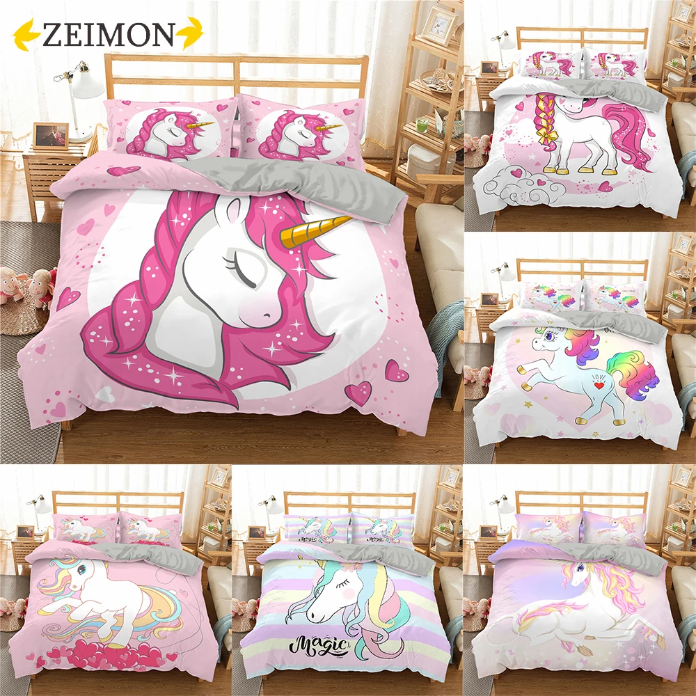 

ZEIMON Hot Unicorn Bedding Set Comforter/Duvet Cover Cartoon Bedclothes Colorful Animal Printed Home Textiles for Girls Cute