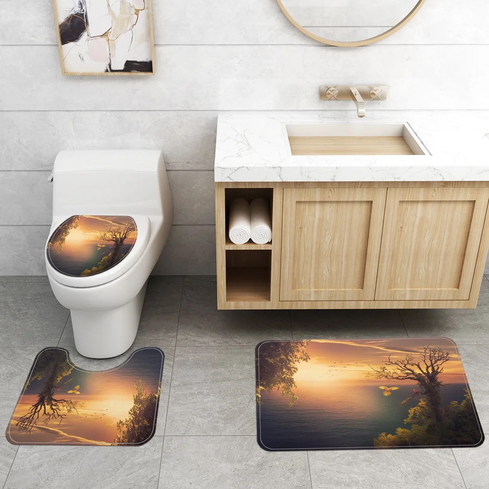 

Landscape Printing Bath Mat and Waterproof Shower Curtain Set Toilet Absorbent U-Shaped Toilet Rug and Non Slip Floor Carpet Set
