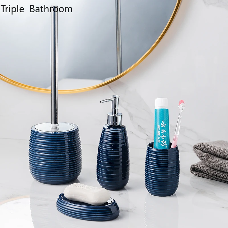 

Nordic Ceramics Blue Four Piece Set Washing Tools Home Soap Dispenser Mouth Cup Soap Dish Toilet Brush Bathroom Toiletry Set