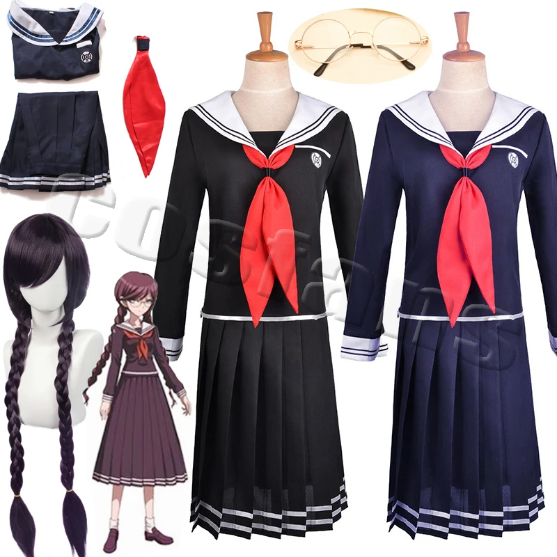

Danganronpa Toko Fukawa Cosplay Costume Round Glasses Dark Purple Wig Skirt Set Dangan Ronpa Sailor Suit Japanese School Uniform
