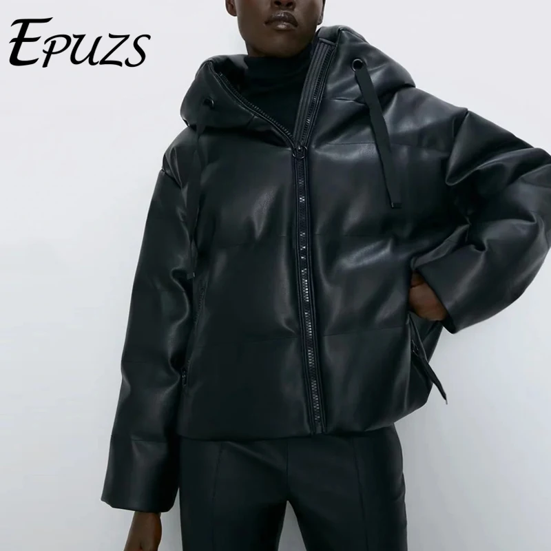 

Женская зимняя куртка из искусственной кожи, с капюшоном