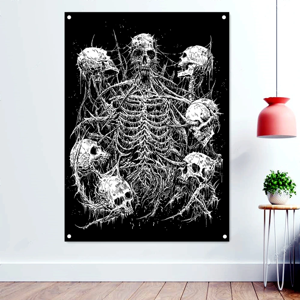 

Scary Skeleton Flags Tapestry Dark Art Poster Terrible Demon Banners Wall Painting Black/White Skull Wallpaper Home Decoration