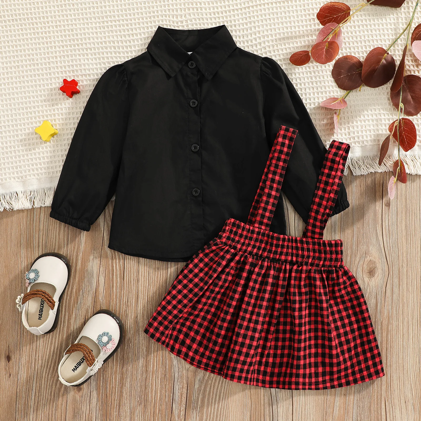 

Emmababy Christmas Xmas Girls Casual Two-piece Clothes Set Black Solid Blouse and Plaid Printed Pattern Suspender Skirt 1-5Y