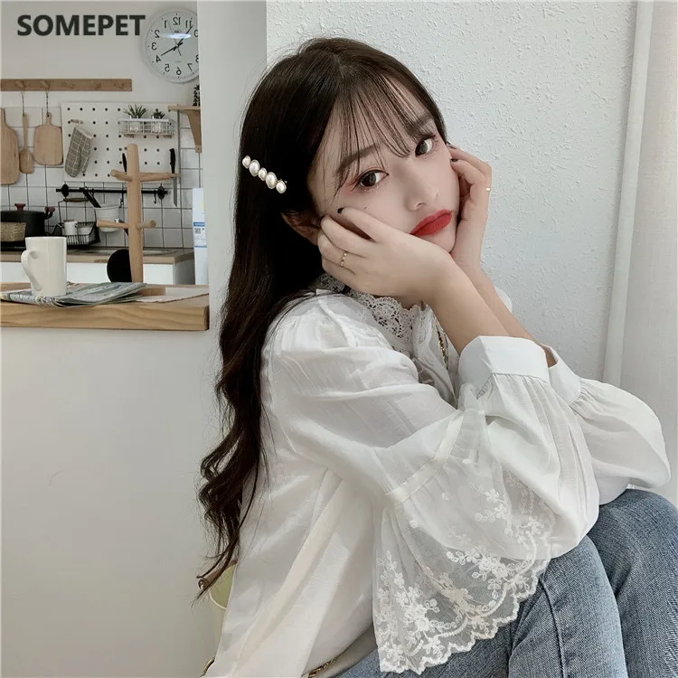

Spring Autumn Loose Women Blouses Sweet Style Korean Clothes Lace Up Ruffles Fashion Brand Stand Shirts Ladies Tops New
