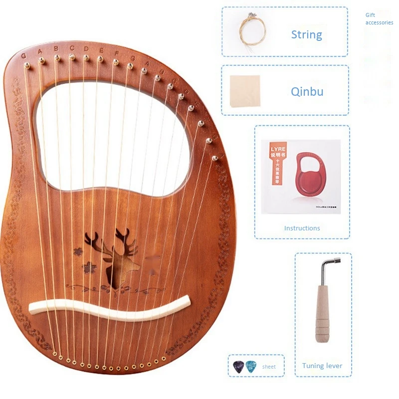 

16-Note Lyre Harp, металлическая струна из красного дерева, седловая струна Lyre Harp с настроечным ключом