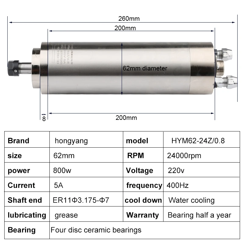 

HYCNC spindle 800w 62 for metal engraving and milling machine water-cooled mold spindle