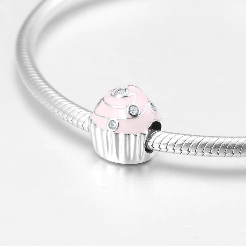 925 Sterling Silver pink enamel clear CZ fine ice cream shape Metal Beads for Jewelry making Fit Original LYNACCS Charm Bracelet | Украшения