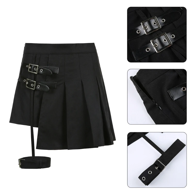 Женская плиссированная мини юбка с высокой талией готическая Черная подвязками