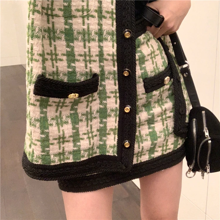 TITAME Women Two Piece Jacket Set Tweed Slim Plaid Skirt Single-breasted Short Sleeve Coat Mini Skirts Suit | Женская одежда