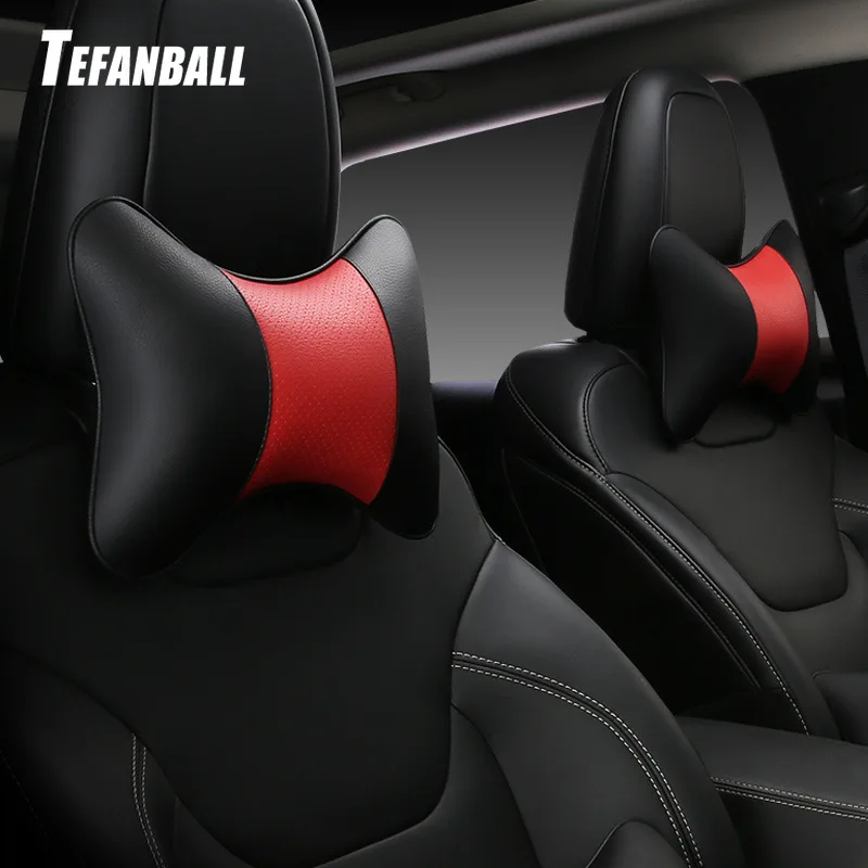 

2PCS car neck pillows both side pu leather single headrest fit for most cars filled fiber universal car pillow Auto Accessories