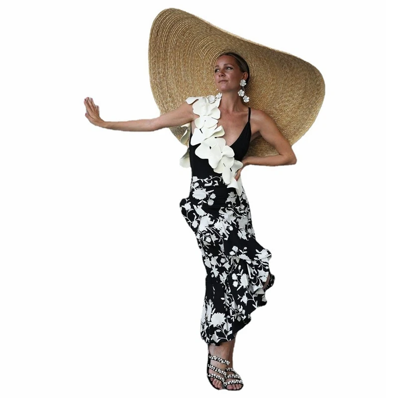 

WEPBEL Dress Summer Appliques Printing Dress Women's Casual Ruffles Stitching Spaghetti Strap V-Neck Slim Dress