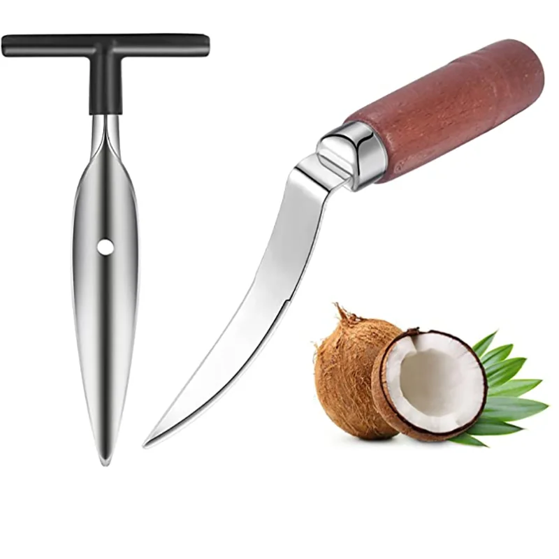 

Coconut Tool Stainless Steel Coconut Meat Remover and Punch Opener Stainless Steel Coconut Tool with Durable Wooden Handle