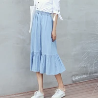 women light blue ruffles elastic waist college style denim skirts trendy spring elegant sweet high waist female mid length skirt