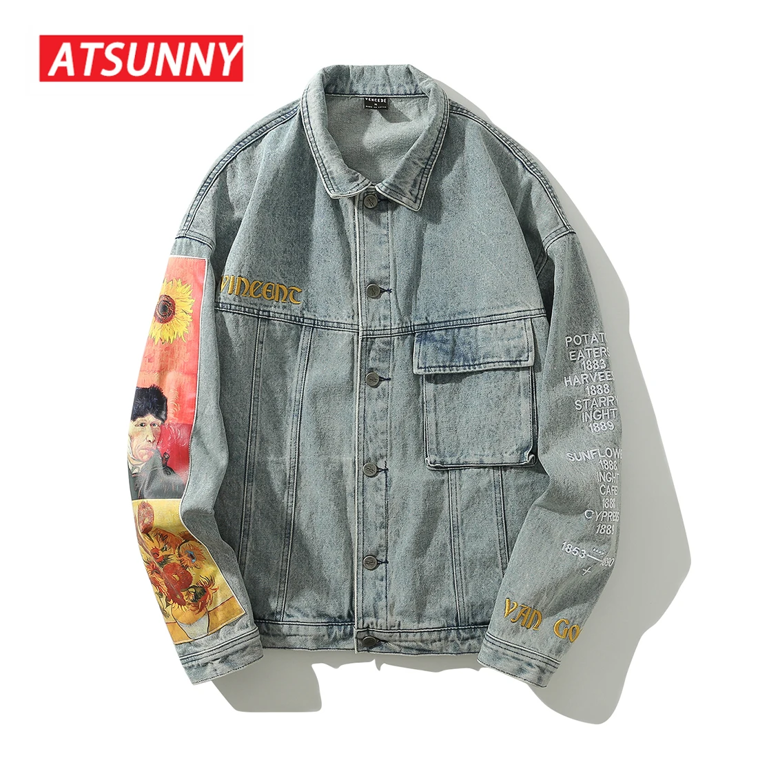 ATSUNNY Hip Hop Streetwear Jacket  Van Gogh Painting Embroidery Knitted Jacket Retro Vintage Autumn Denim Jacket