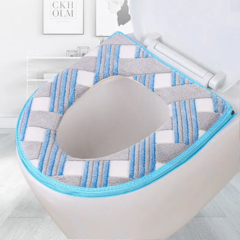 

Blue Color Toilet Seat Cover Zipper Style Warm Soft Toilet Seat Case Mat Dust-Proof Universal Toilet Cushions Bathroom Supplies