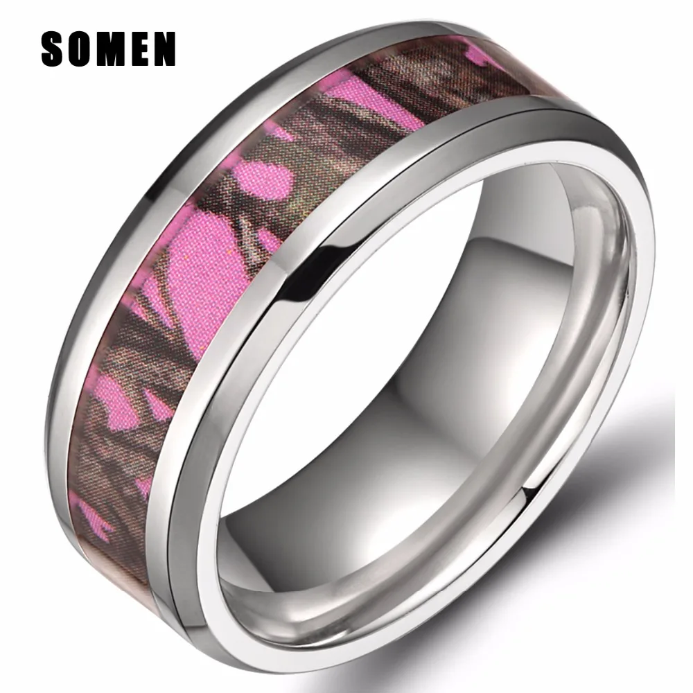 

8mm Women Titanium Ring Pink Real Tree Camo Camouflage Engagement Rings Beveled Edges Women Wedding Band Fashion Jewelry Bijoux