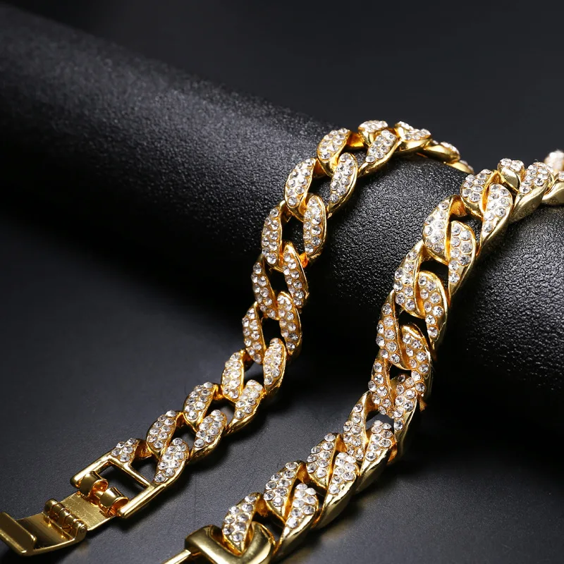 

Hip Hop High Quality Bracelet For Men Rhinestone Alloy Gold Cuban Chain Trendy Luxury Male Leisure Exquisite Gift Jewelry