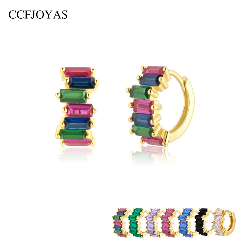 

CCFJOYAS 100% 925 Sterling Silver Small Hoop Earrings Rainbow Irregular Rectangular Zircon Round Circle Earrings Fashion Jewelr
