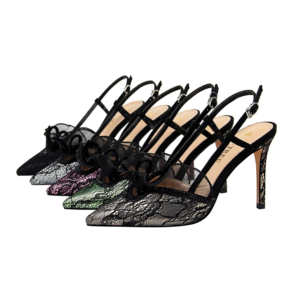 

European and American high heels fashion sexy banquet show thin women's shoes with thin heels rhinestone lace hollow sandals