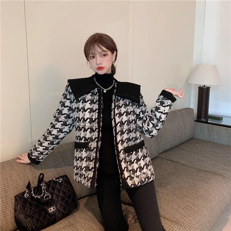 

Qianniao Jacket Women's autumn winter versatile temperament collar single breasted cotton padded tweed top