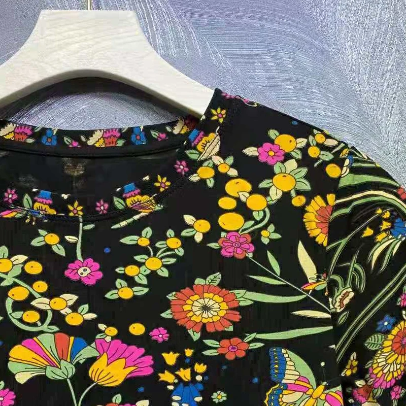 

SEQINYY Summer T Shirt Vintage Flowers Print High Quality Women Runway New Fashion Design Tee 95% Cotton