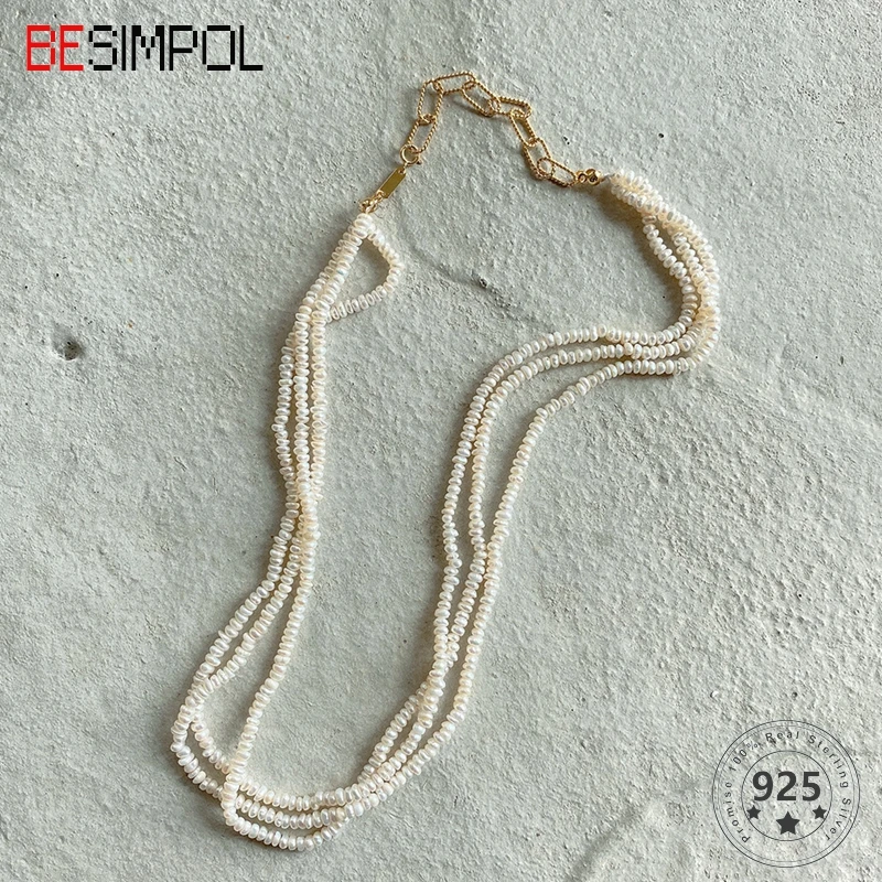 

Besimpol 925 Sterling Silver Necklace Fashion Trendy Three Layers Freshwater Pearls Strand Necklace For Women Fine Jewelry Gifts