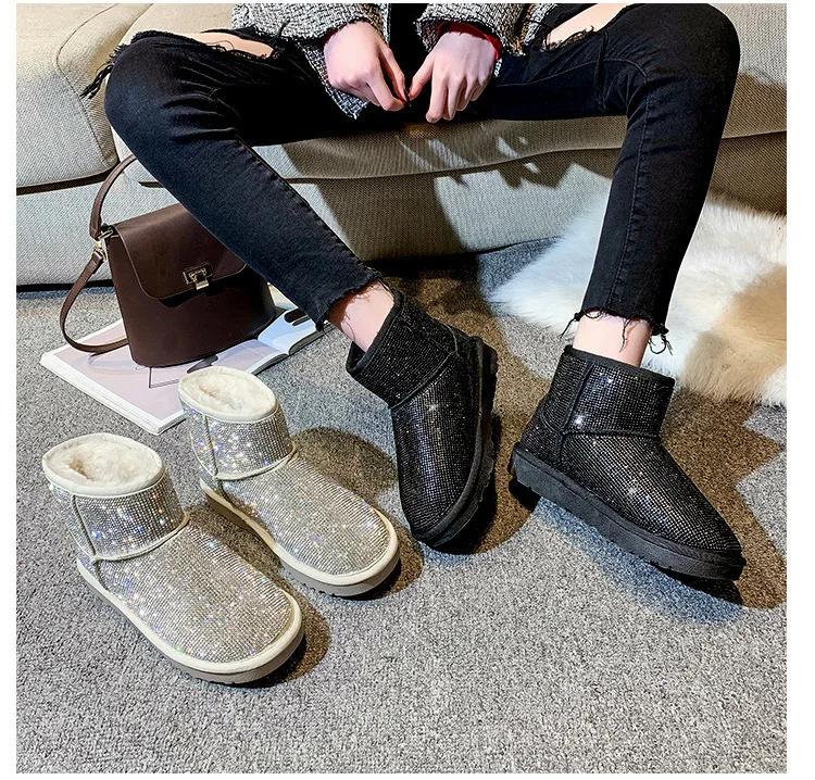 

2021 winter new fashion full diamond all-match plus velvet warm round toe large size snow boots women's boots