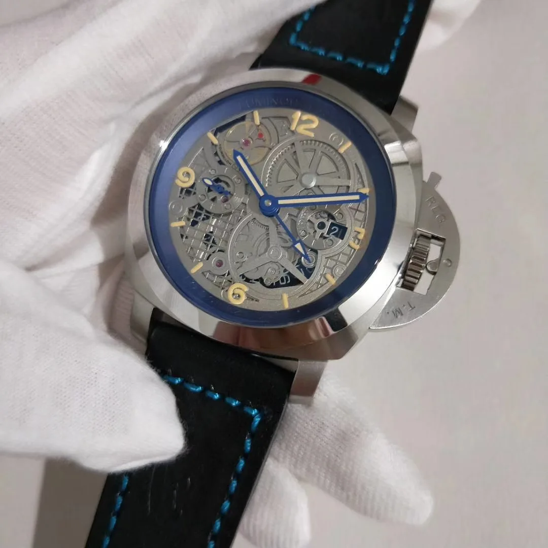 

Classic New Men Automatic Mechanical Sapphire Stainless Steel Watches Black Leather Watch Skeleton Pierced Hollow Luminous