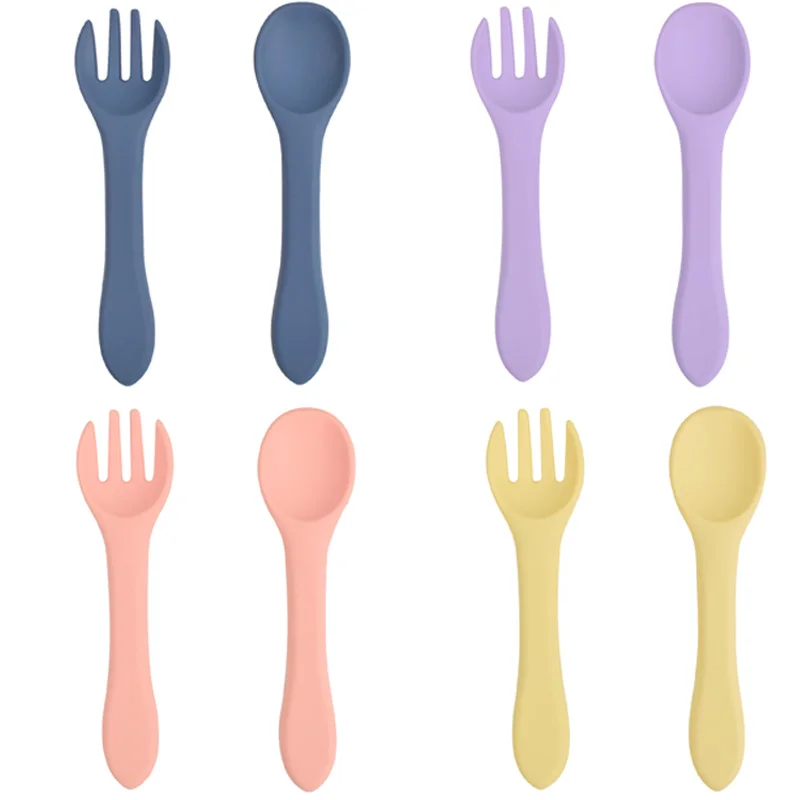 

2pc/set Baby Fork Spoon Baby Biting Oral Care Naughty Spoon Fork Auxiliary Food Silica Gel Training Spoon Children Tableware Set