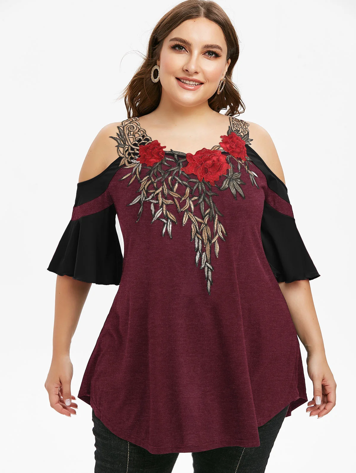 

Cold Shoulder Embroidery T Shirt Three Quarter Sleeve Long Shirts Fashion Casual Oversized Clothes 2021 New