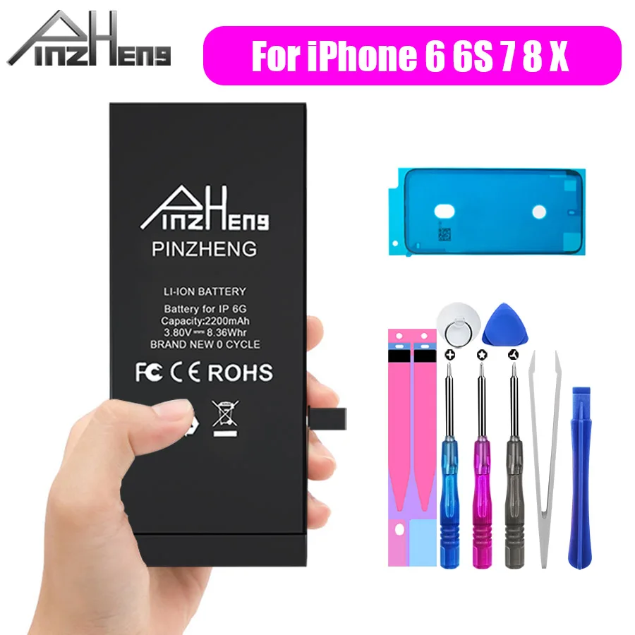 PINZHENG 2200mAh аккумулятор большой емкости для iPhone 6 6S 7 8 X Замена батареи 7G 8G 6G